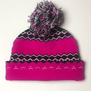 Girls Winter Ski Hat Pink & Black with Pom-Pom